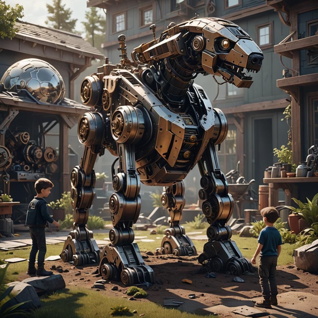 Boys Build Mechanical Dog on Distant Planet in Sci-Fi Style