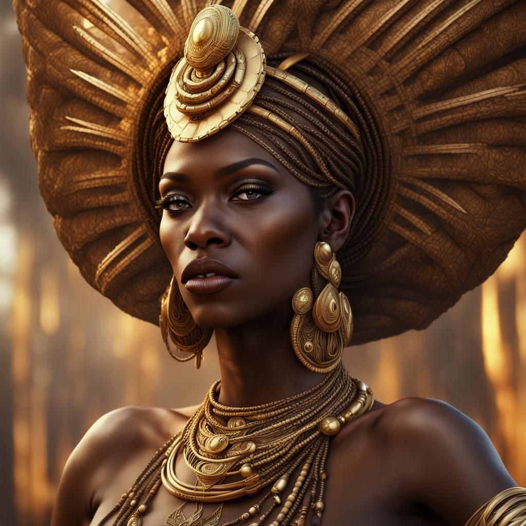 Bronze African Queen with Golden Headdress, Detailed Matte P...