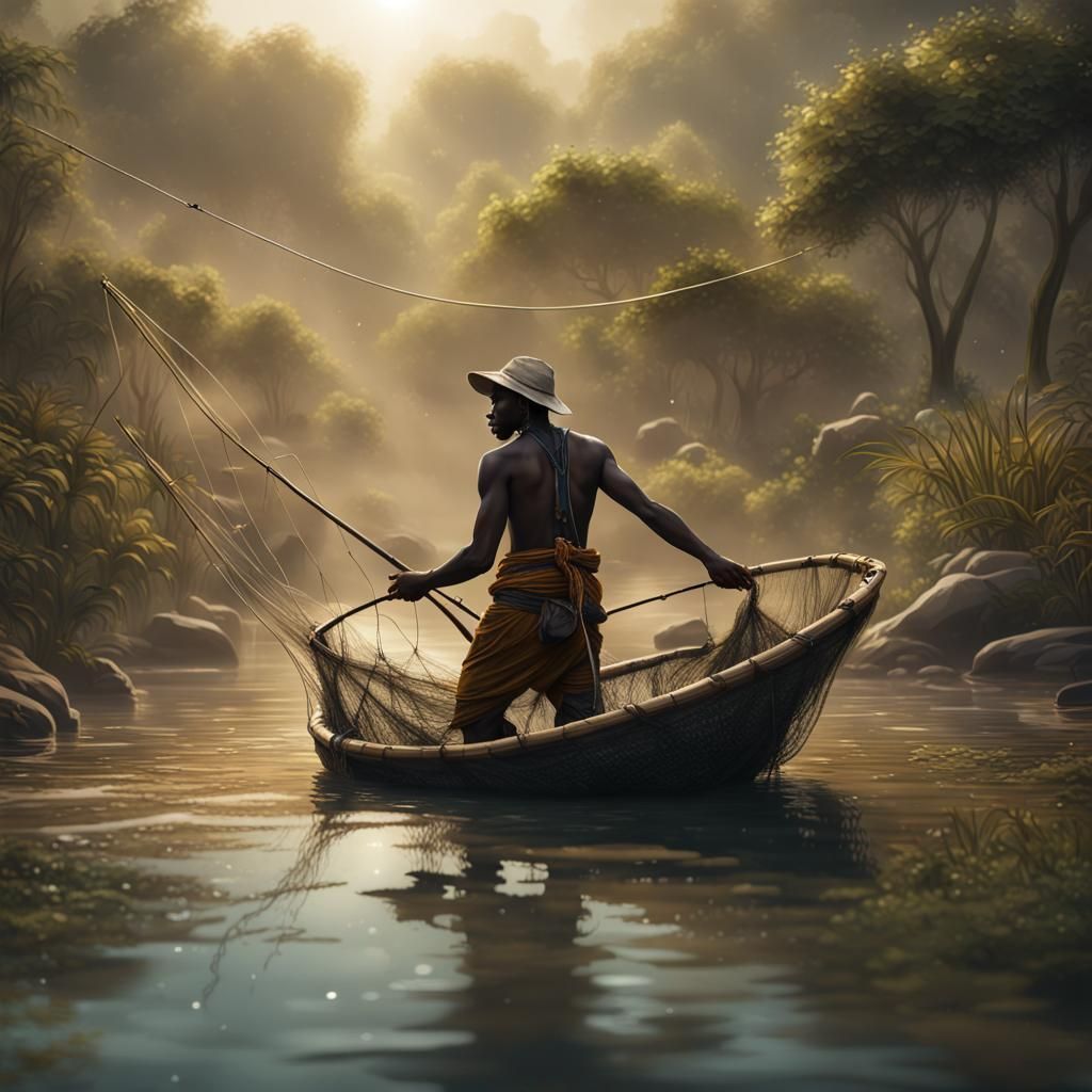 African Fisherman Nets in Tranquil Creek, Matte Painting