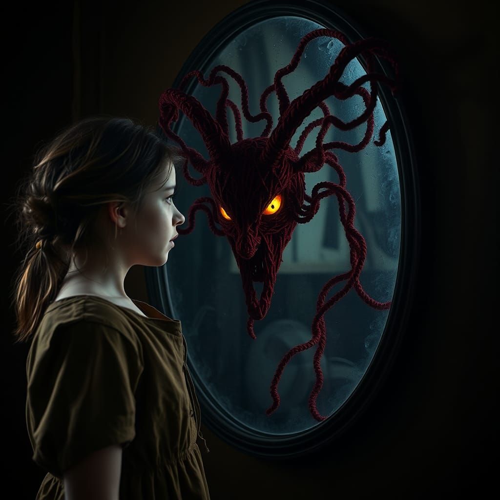 Cursed Mirror Reflects Macrame Demon with Yellow Eyes