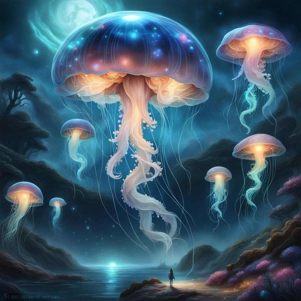 Bioluminescent Jellyfish in Cosmic Energy Wave