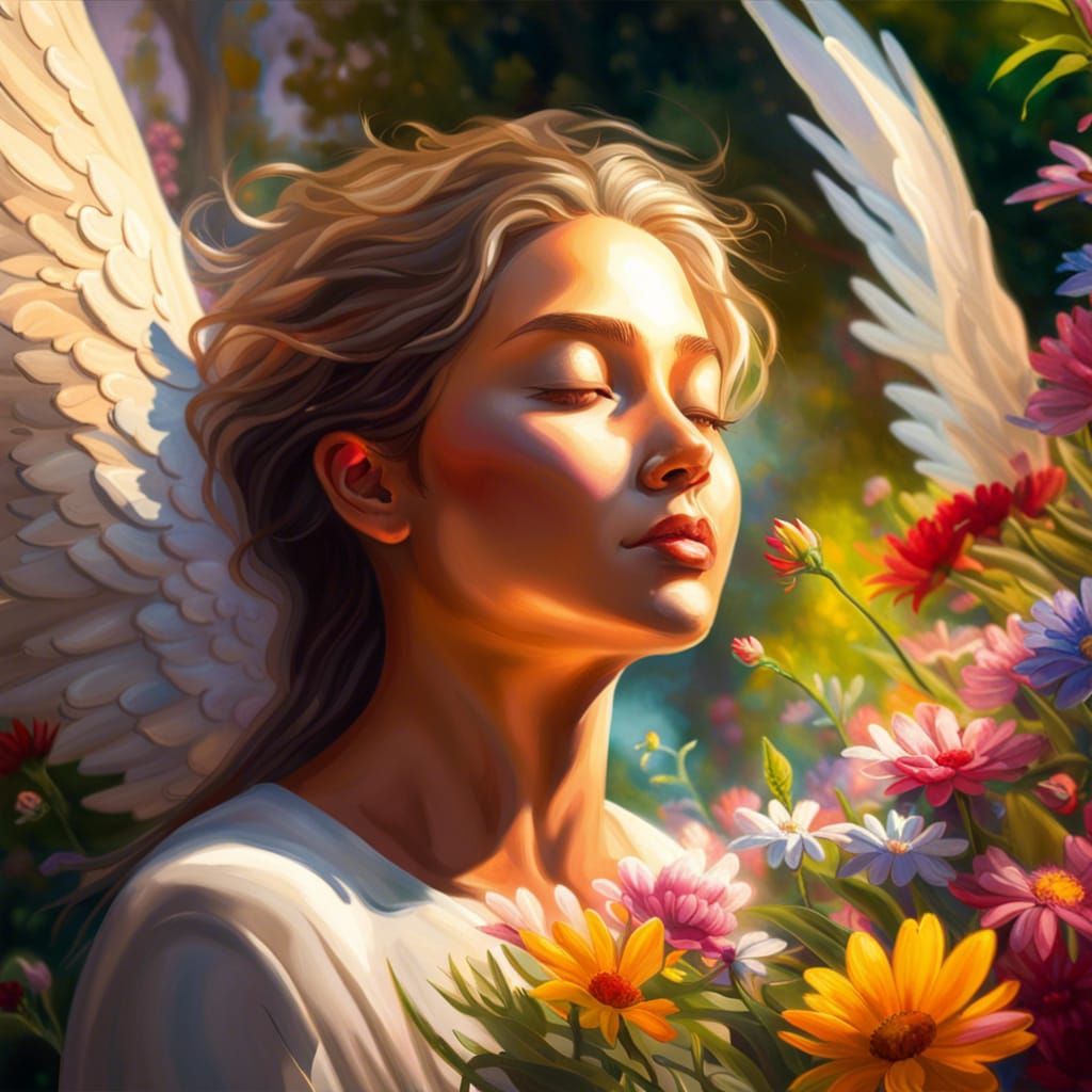 Angel in Garden with Flowers: Hyperrealistic Splash Art