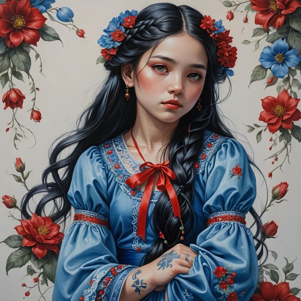 Dreamy Girl with Blue Flower: Detailed Oil Painting
