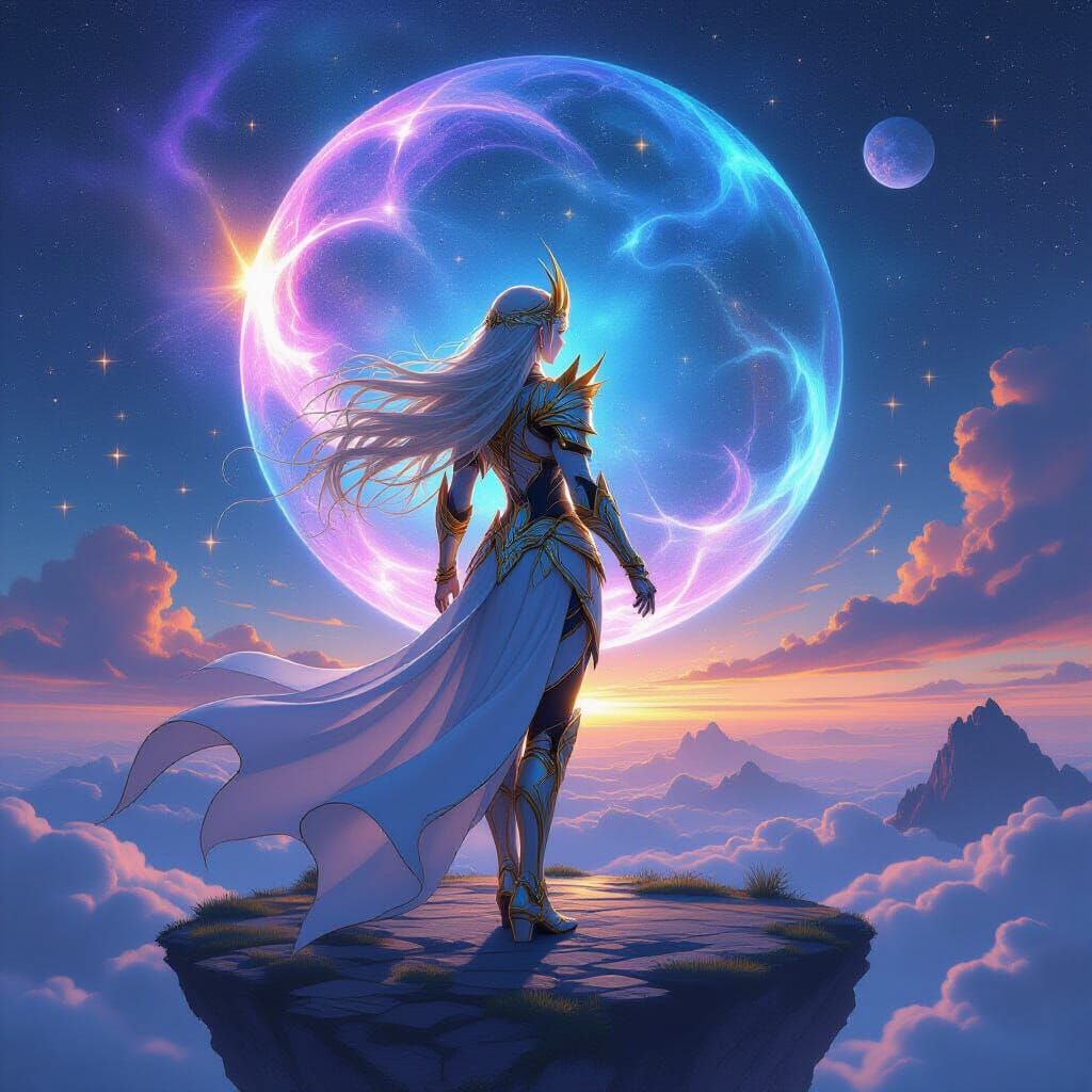 Elven Warrior on Floating Island in Nebula