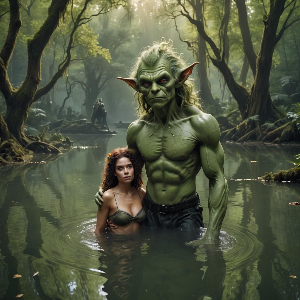 Ethereal Goblin Encounter in Lush Forest Pond