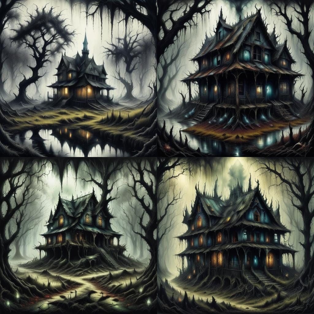 Haunted Overgrown Cabin in Dark Fantasy Style