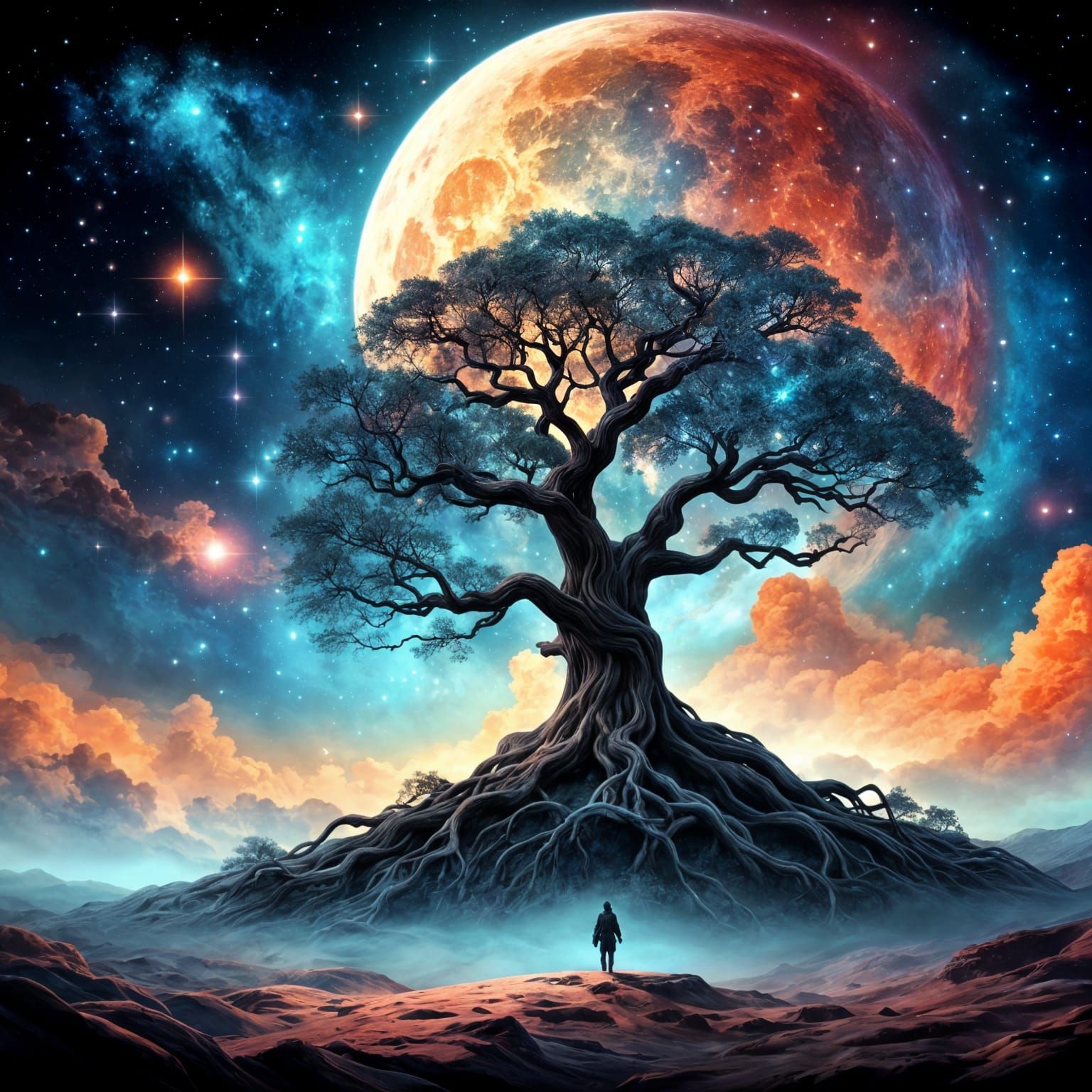 Ancient Tree on Moon Among Constellations