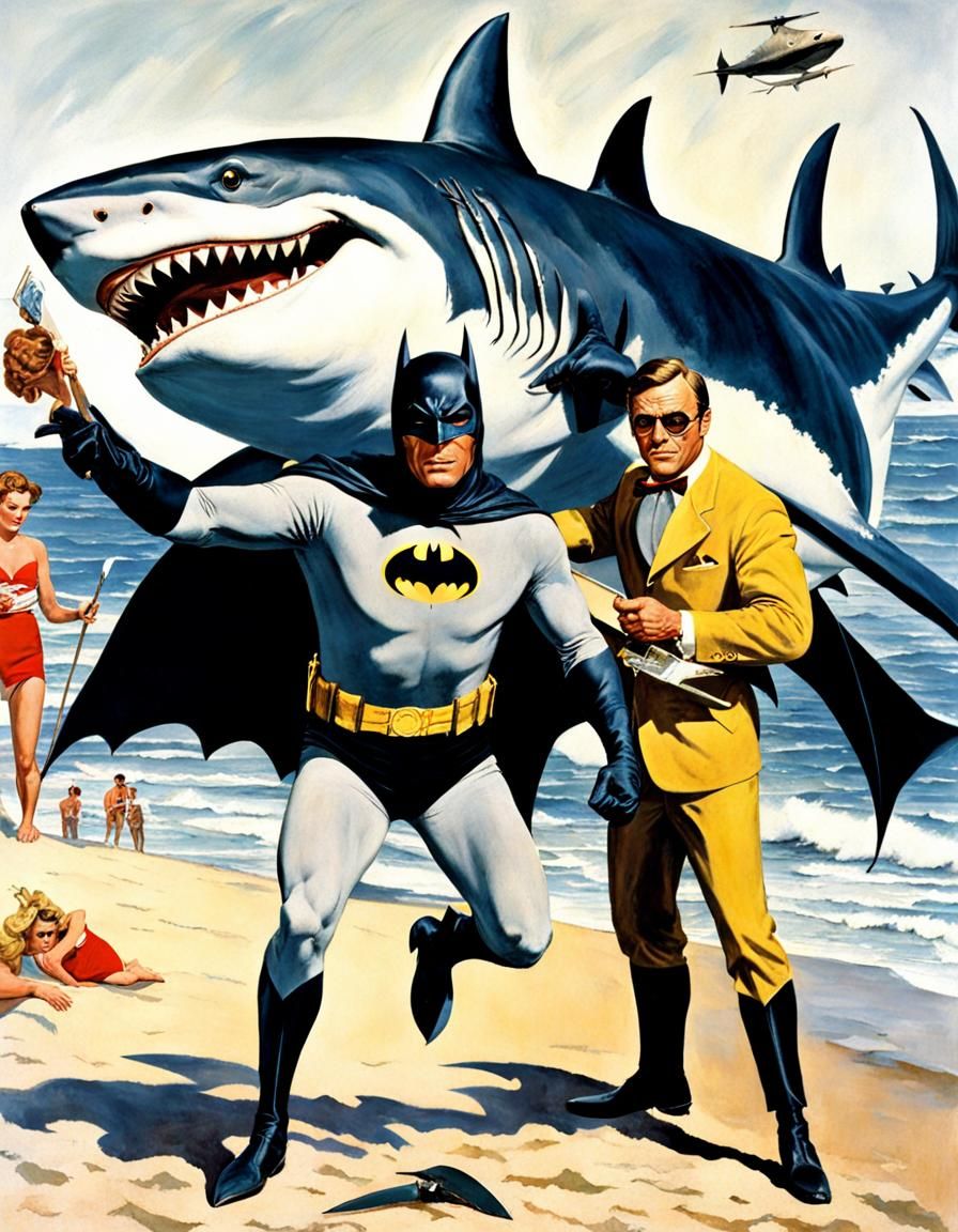 1966 Batman at the Beach: "Hand me the Shark Repellent Bat Spray!"