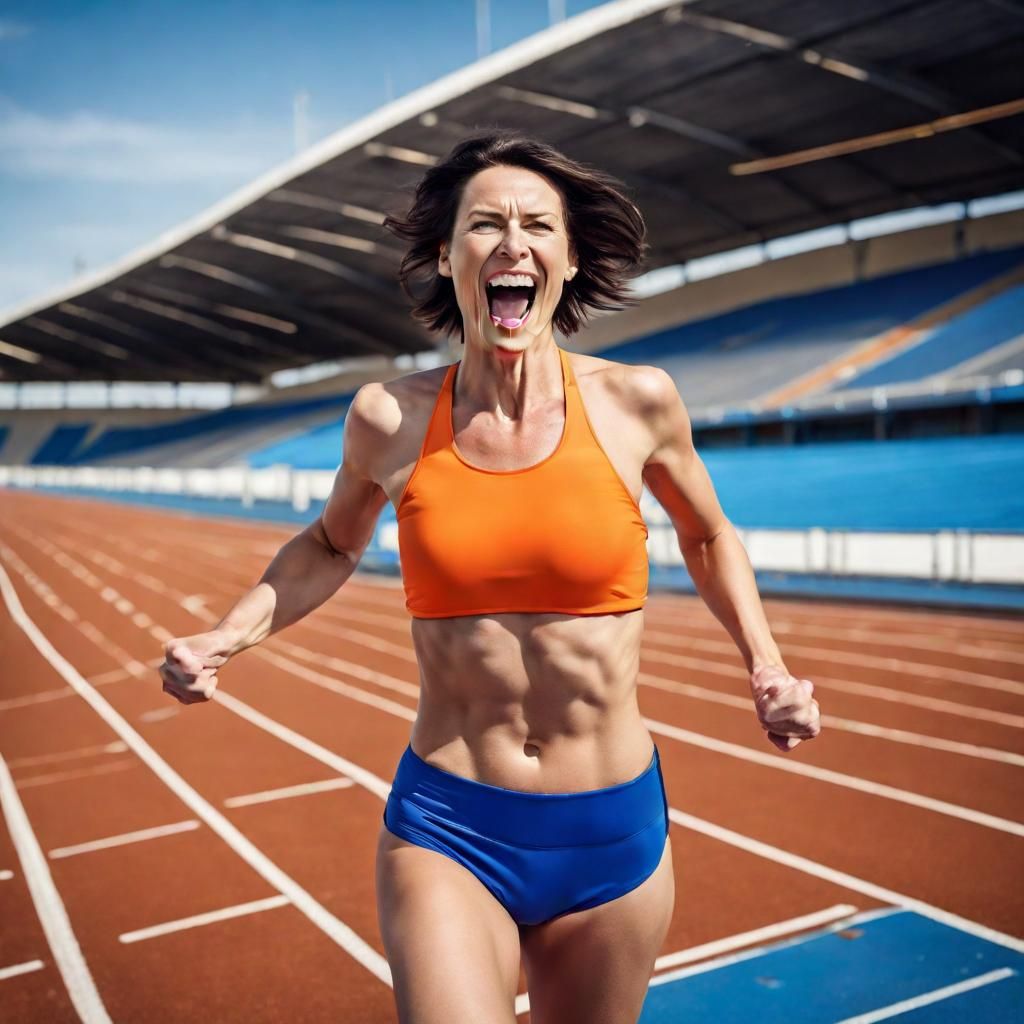 Excited woman athlete running