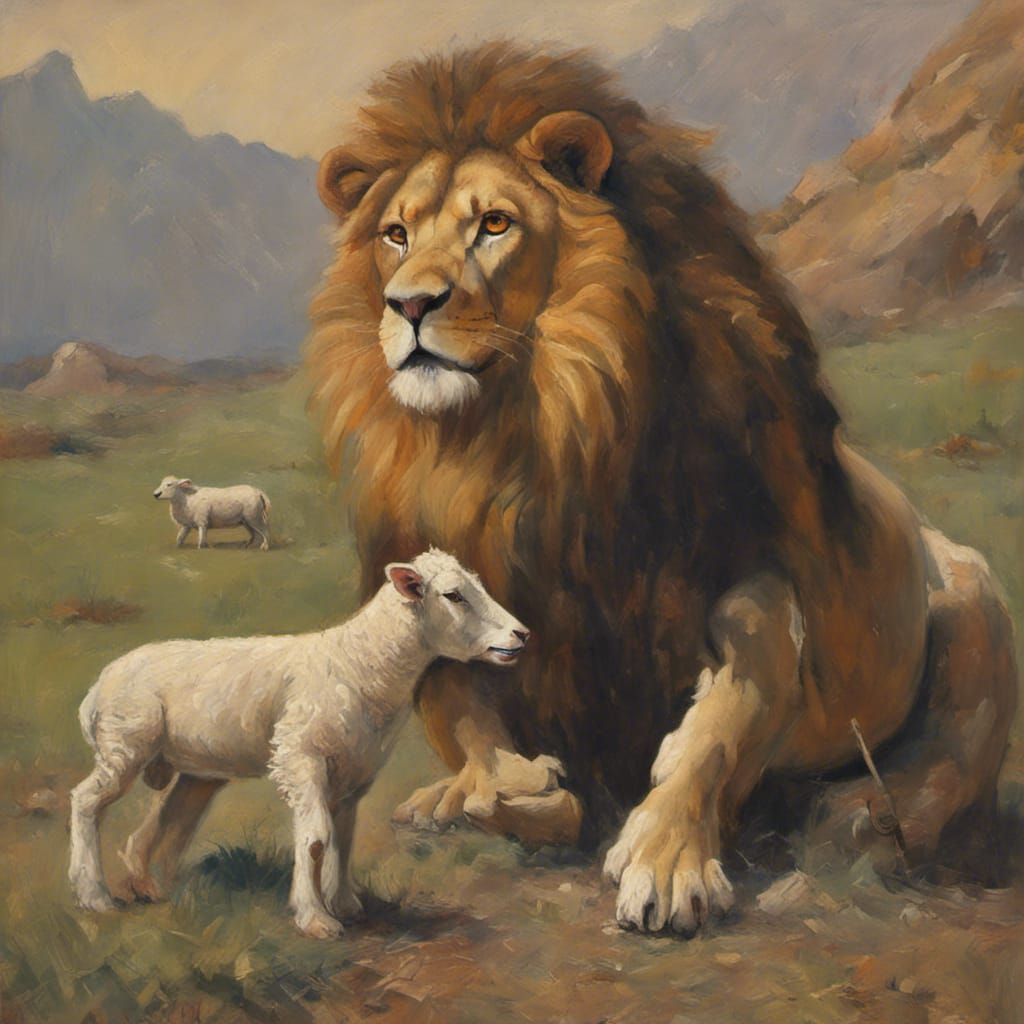Lion and Sheep in Oil Painting Style