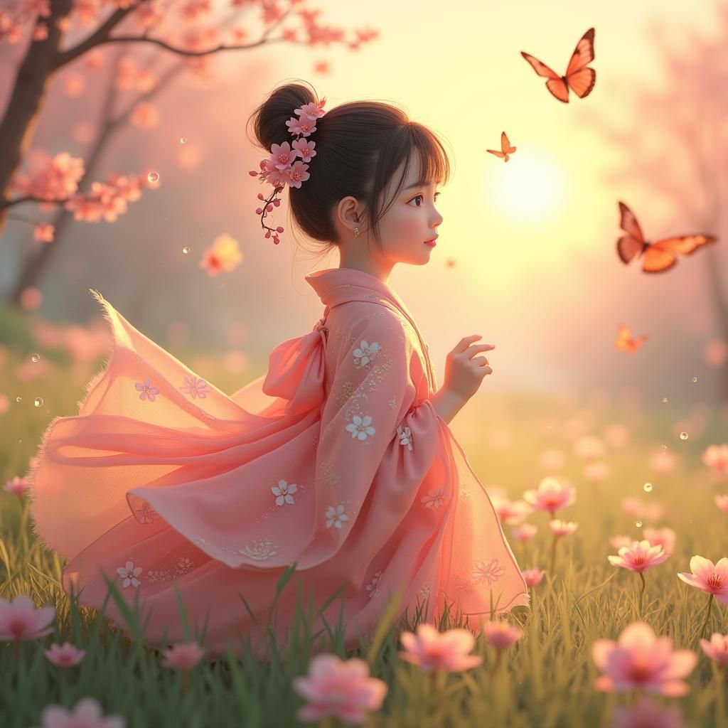 Mystical Spring Dawn with Blossoms in Anime Style