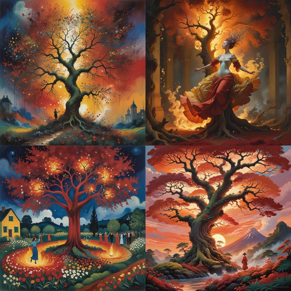 Fiery Holy Tree Amidst Joyful Dance