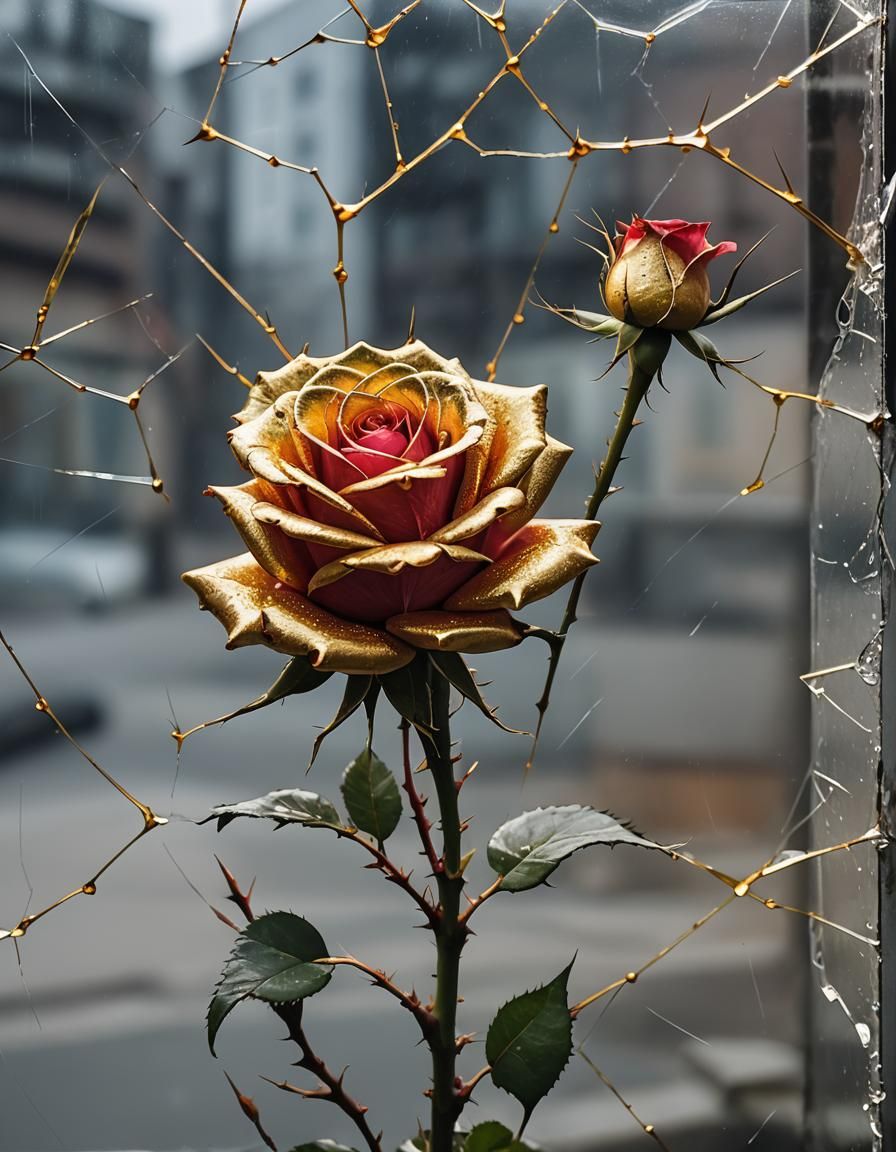 Rose with Golden Thorns Behind Glass