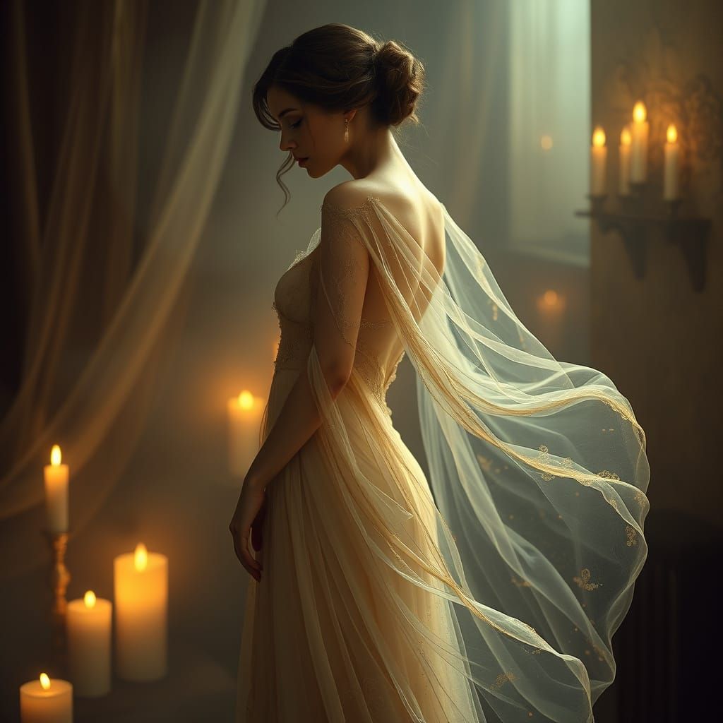 Ethereal Woman in Candlelit Sanctuary