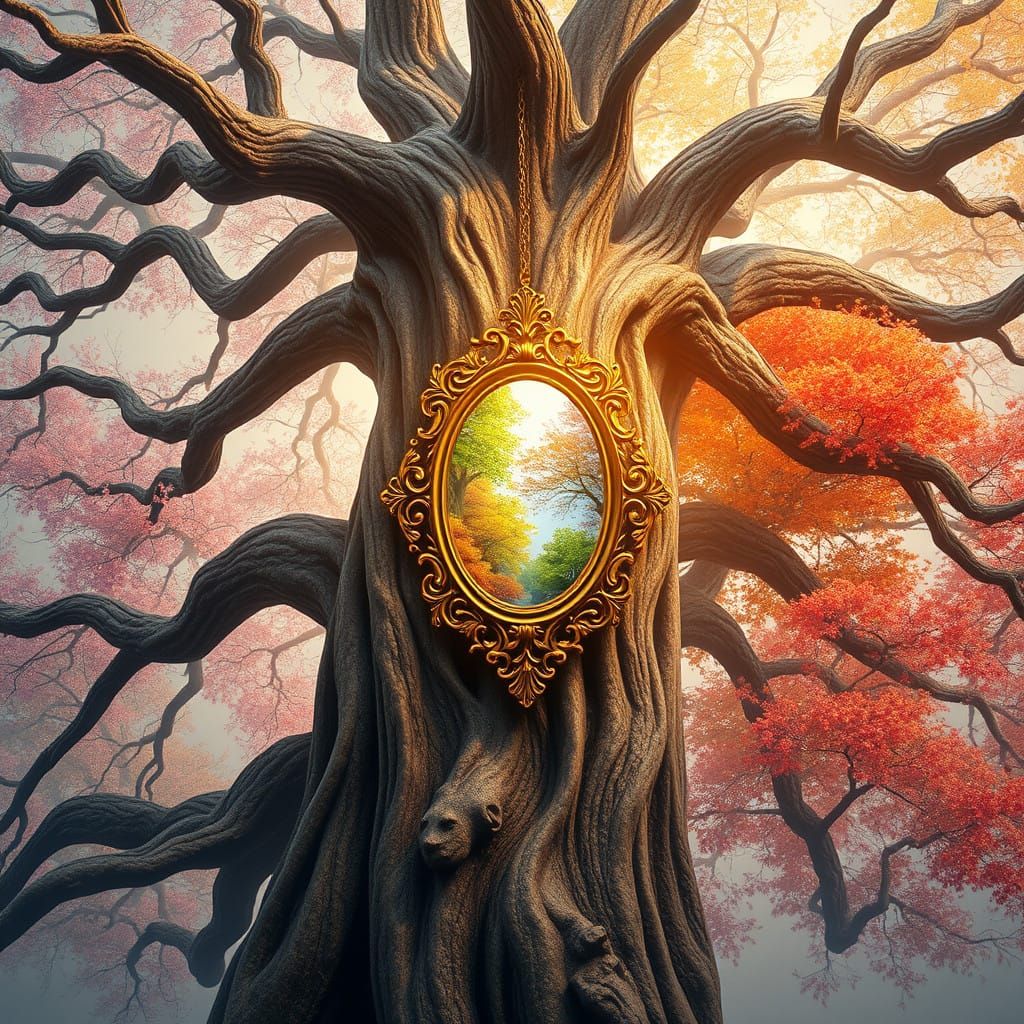 Ancient Tree Reflects the Vibrant Essence of Four Seasons in...