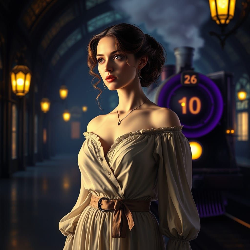 Mysterious Woman Waits for Steam Train at Moonlit Station