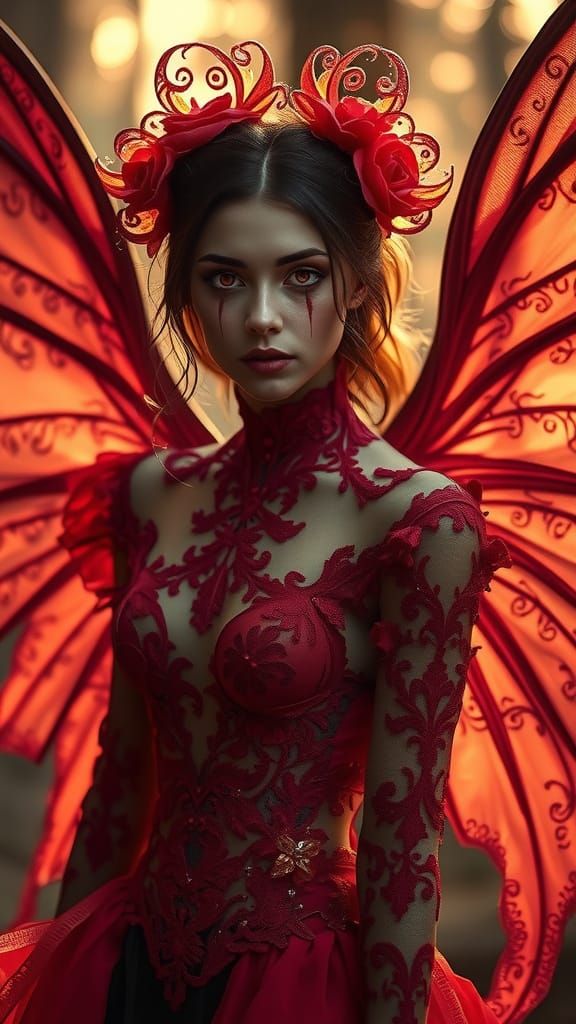 Dreamlike Italian Woman with Red Eyes and Wings