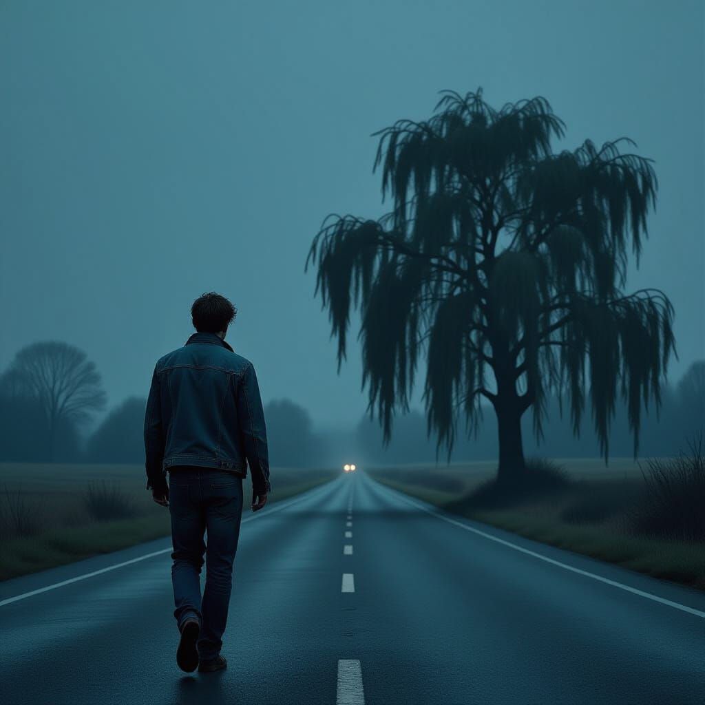 Melancholic Figure on Deserted Highway in Atmospheric Style