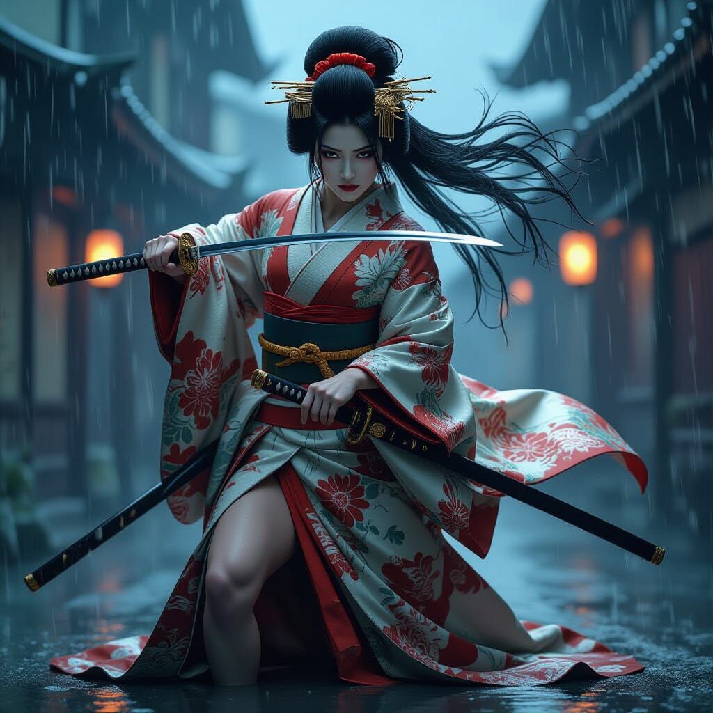 Geisha Warrior in Rain with Drawn Katana