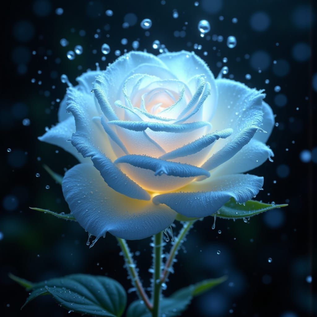 Bioluminescent Rose in Rain, Dreamlike Digital Art