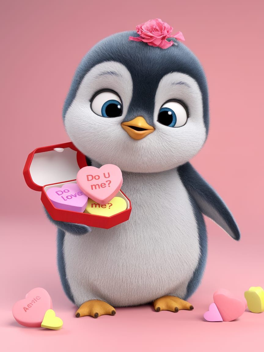 CGI Baby Penguin Offers Conversation Hearts in Cartoon Style