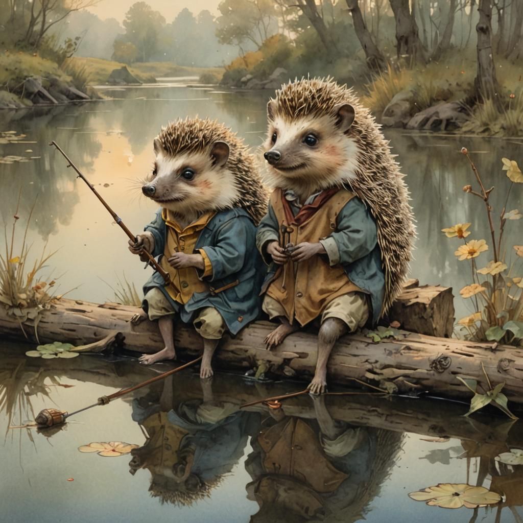 Hedgehogs Fishing: Nostalgic Fairytale Watercolor Illustrati...