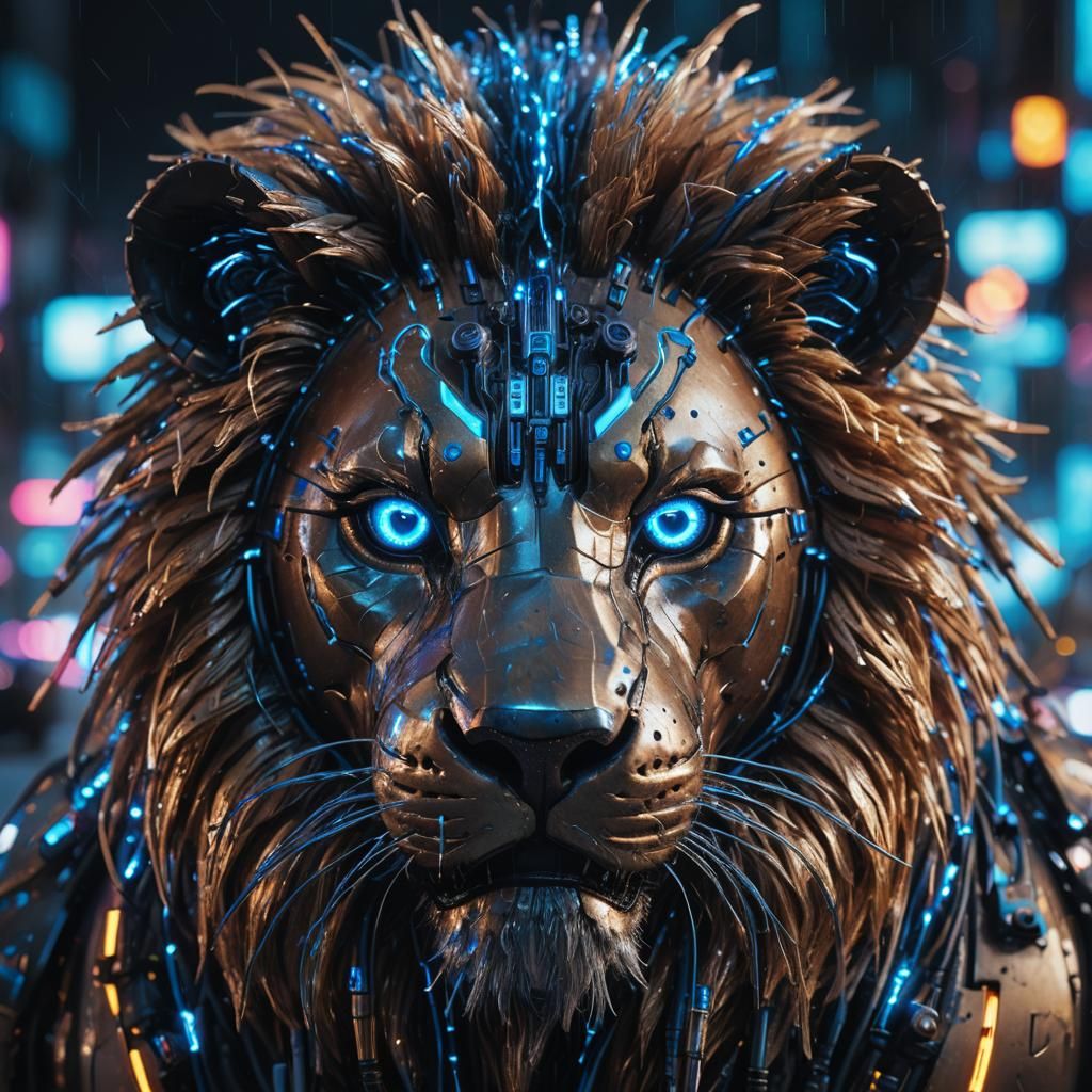 Cyberpunk Lion Close-Up with Neon Cityscape