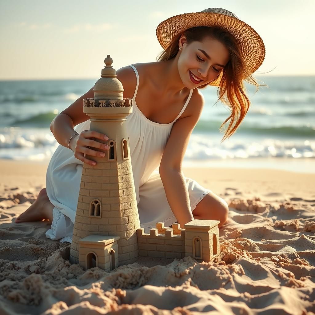 Woman Building Sandcastle Lighthouse on Beach