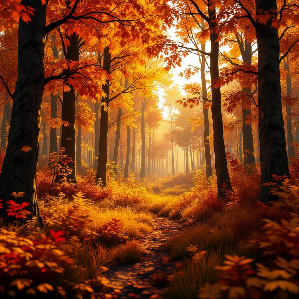 Vibrant Autumn Forest in Golden Light, 3D Rendered