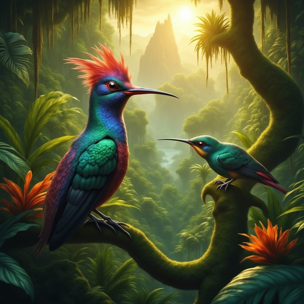 Iridescent Hummingbird in Lush Jungle, Tonalist Style