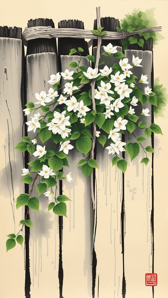 Vibrant Jasmine Blooms on Ancient Fence in Traditional Chine...