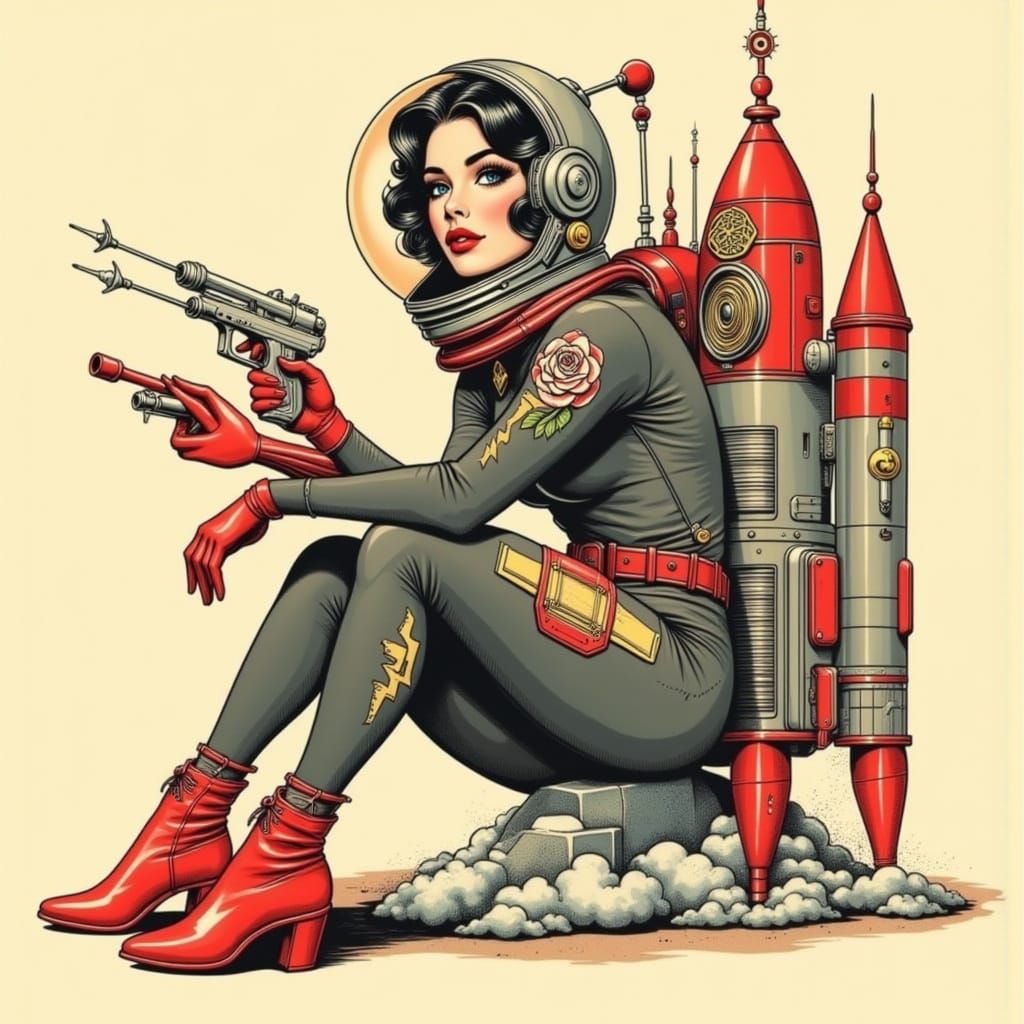 Retro Space Girl in Vintage Tattoo Style