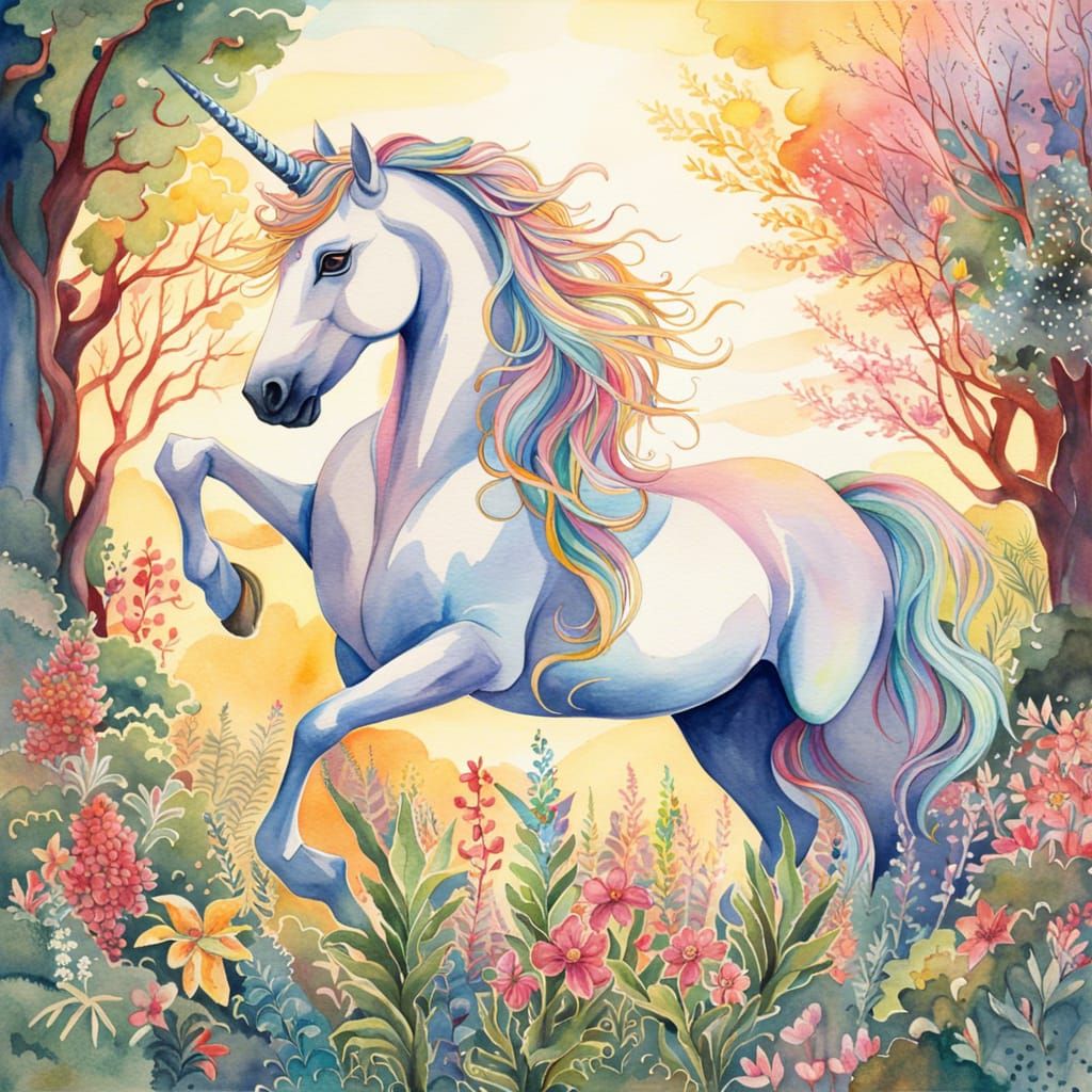 Watercolor Unicorn in Zen Garden at Sunrise