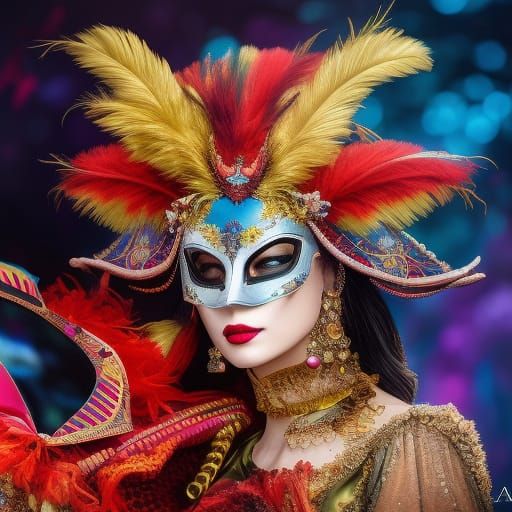 Ornate Harlequin in Masquerade Mask, Hyperrealistic