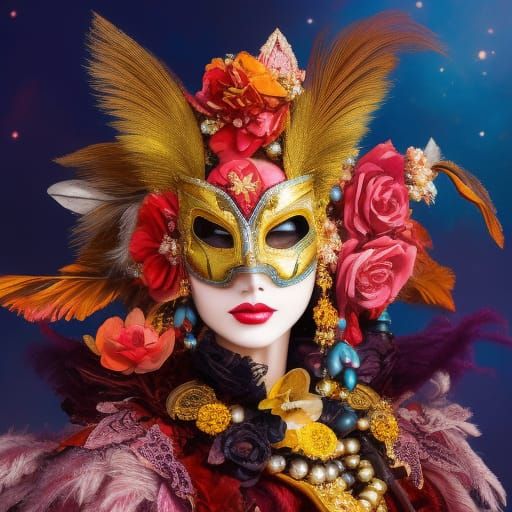 Ornate Harlequin in Masquerade Mask, Deco Beauty Style