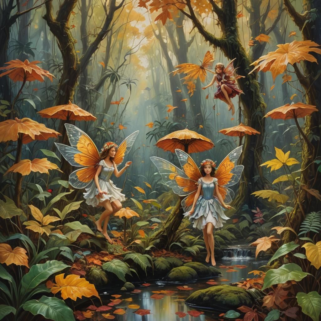 Autumn Fairies in Jungle, Oil Painting
