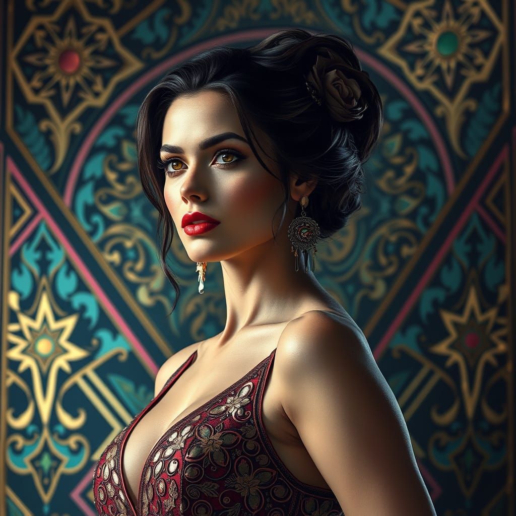 A captivating artwork features a stunning woman portrayed wi...