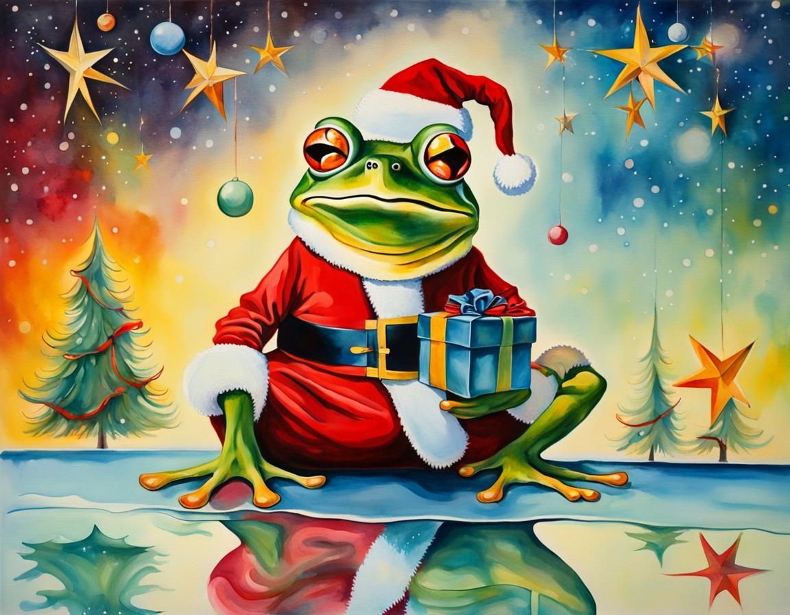 Surreal Christmas Frog in Watercolor Style