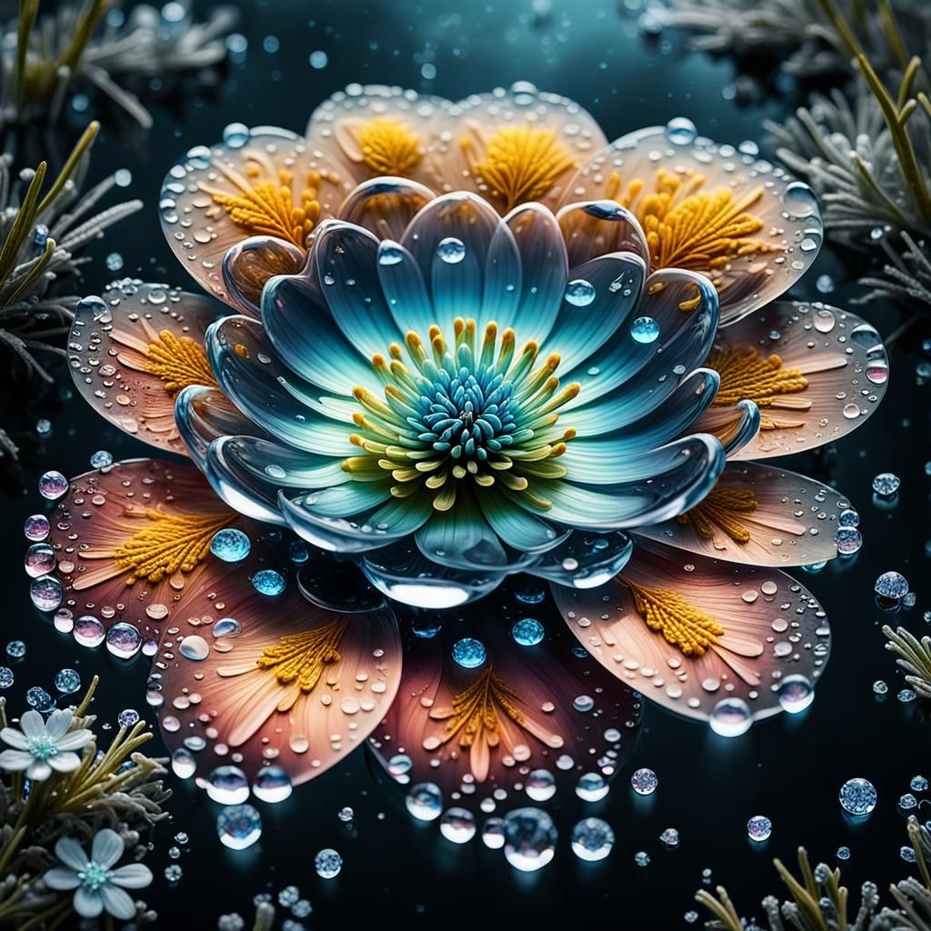 Bioluminescent Water Droplet Reflecting Wild Magic Flowers