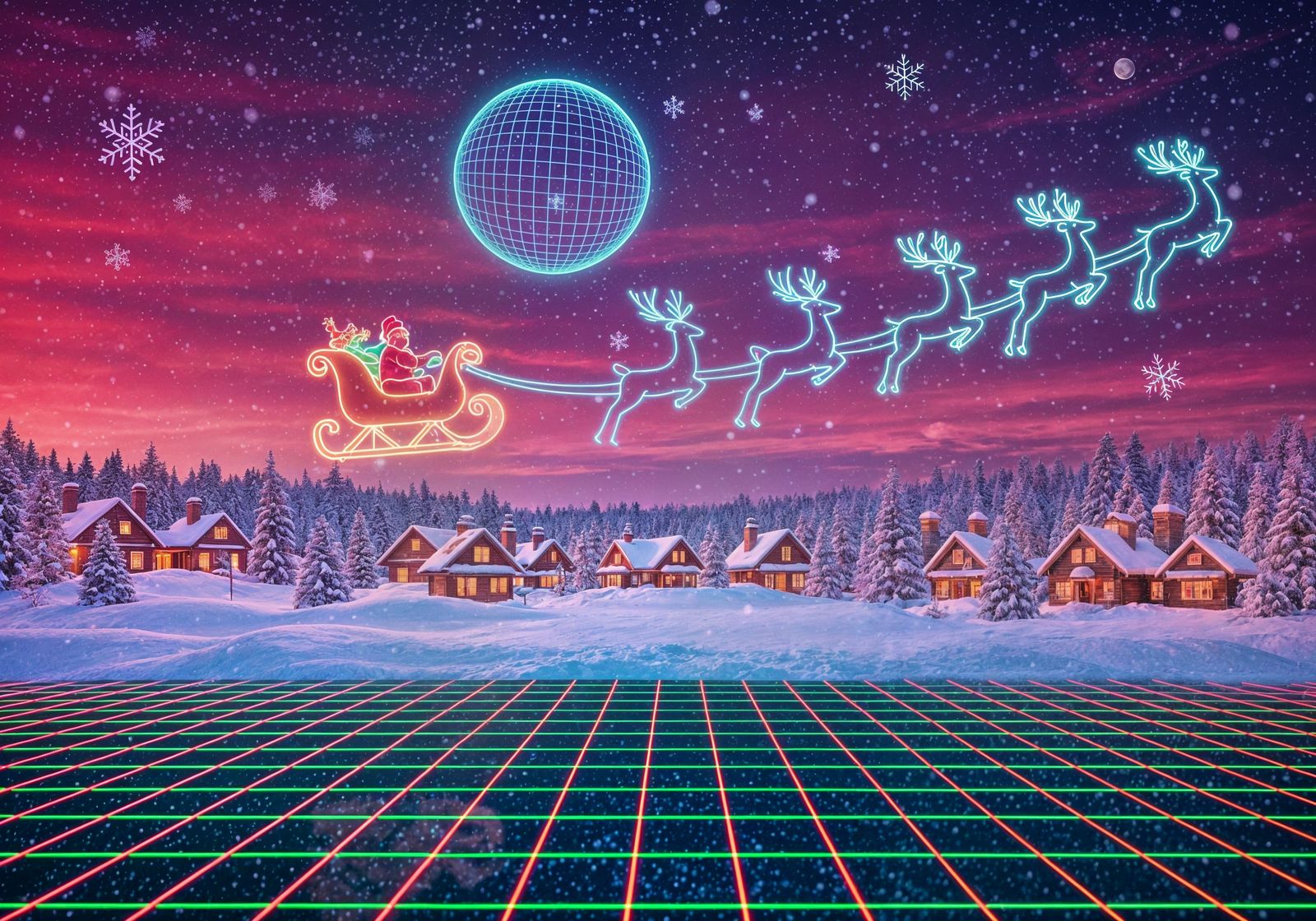 Neon Santa's Sleigh in 80s Vaporwave Christmas Scene