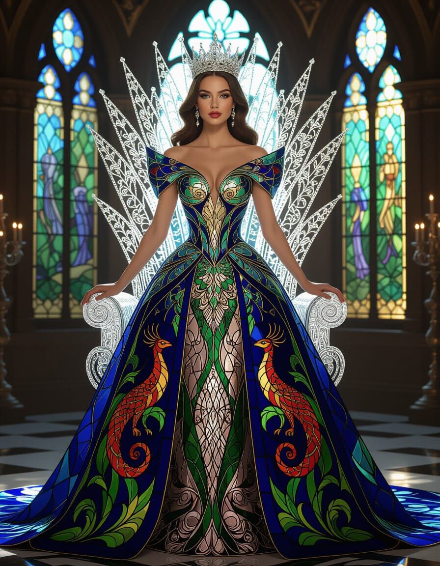 Regal Queen in Dazzling Stained Glass Gown