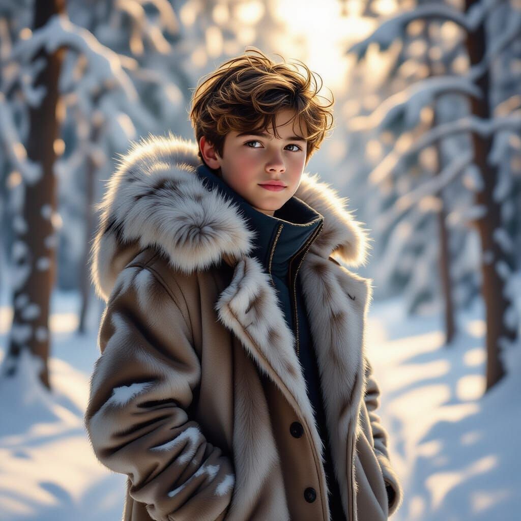 Teenage Boy in Wolf Fur Coat in Snowy Forest