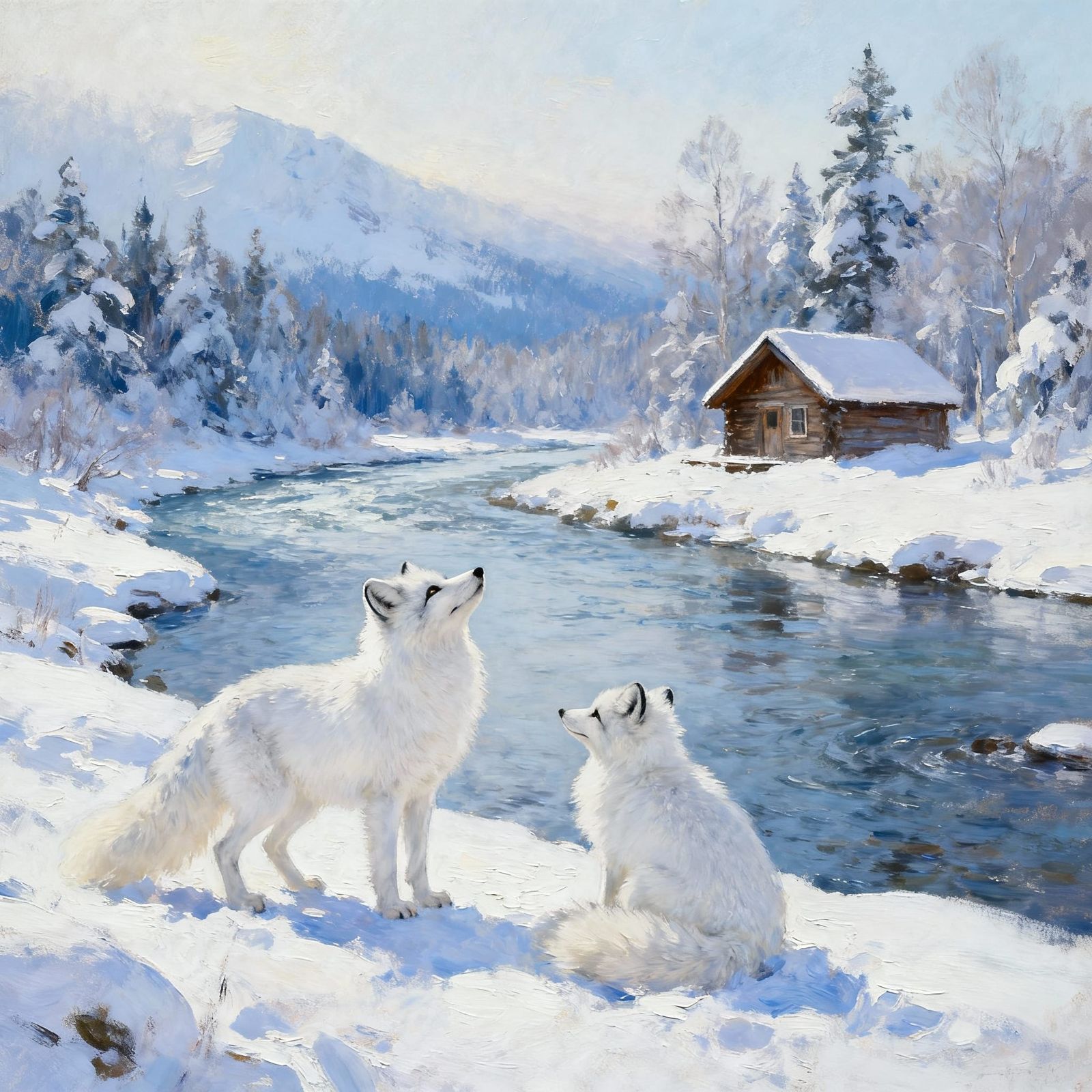 Alaskan Winter Landscape with Arctic Foxes in Bob Ross Style