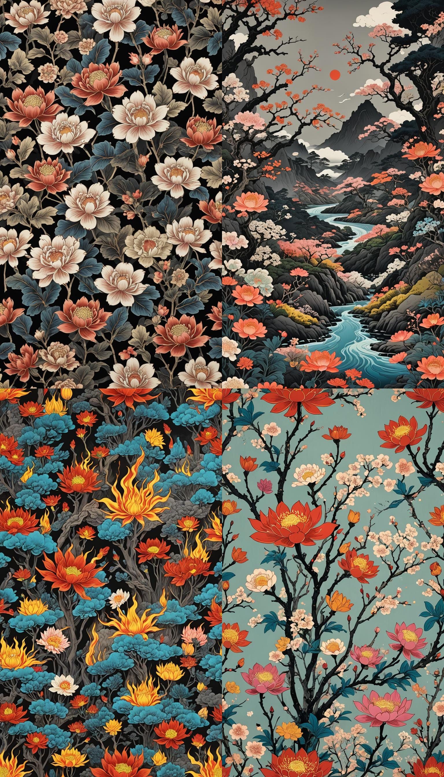 Chinese Surreal Iron Flowers in Ukiyo-e Style