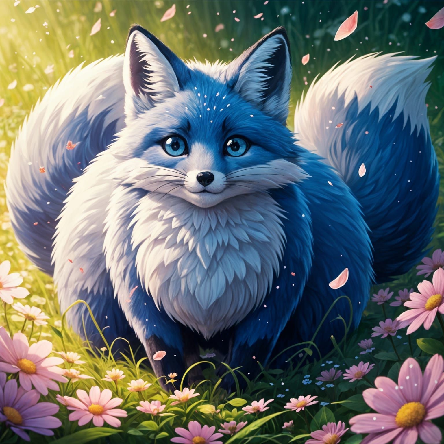 Whimsical Fox in a Vibrant Flower Field, in Ghibli Style