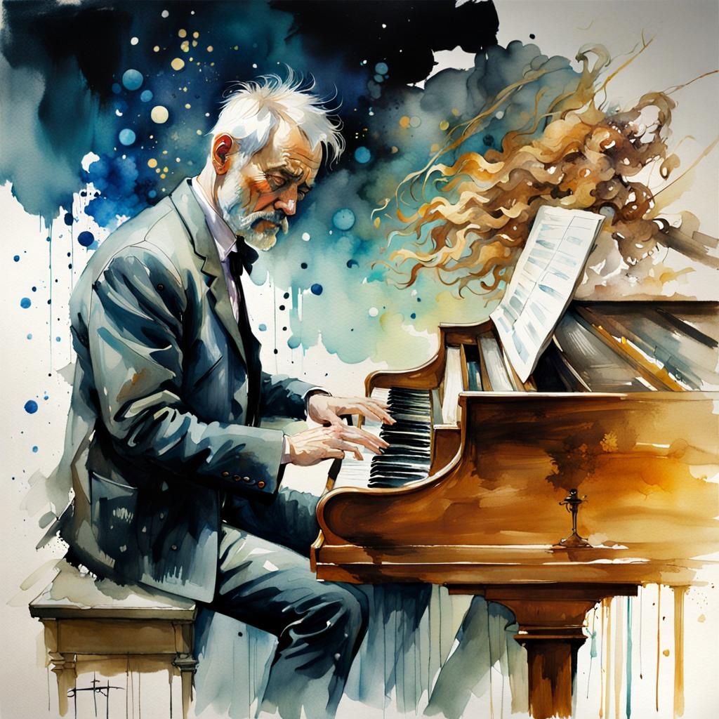 Pianist in Happy Splashy Watercolor Style
