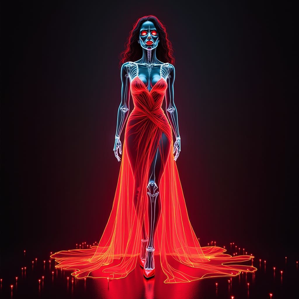 Elegant Vampire Demoness in Radiological Neon Style