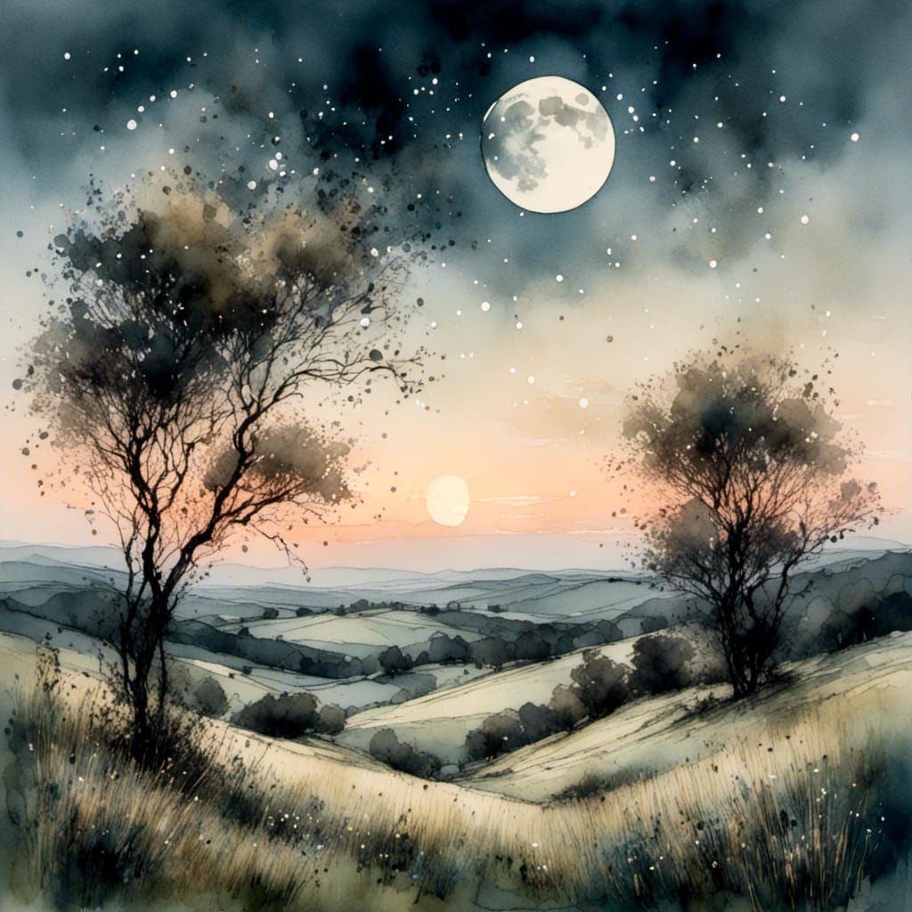 Serene Landscape Under Crescent Moon in Watercolor