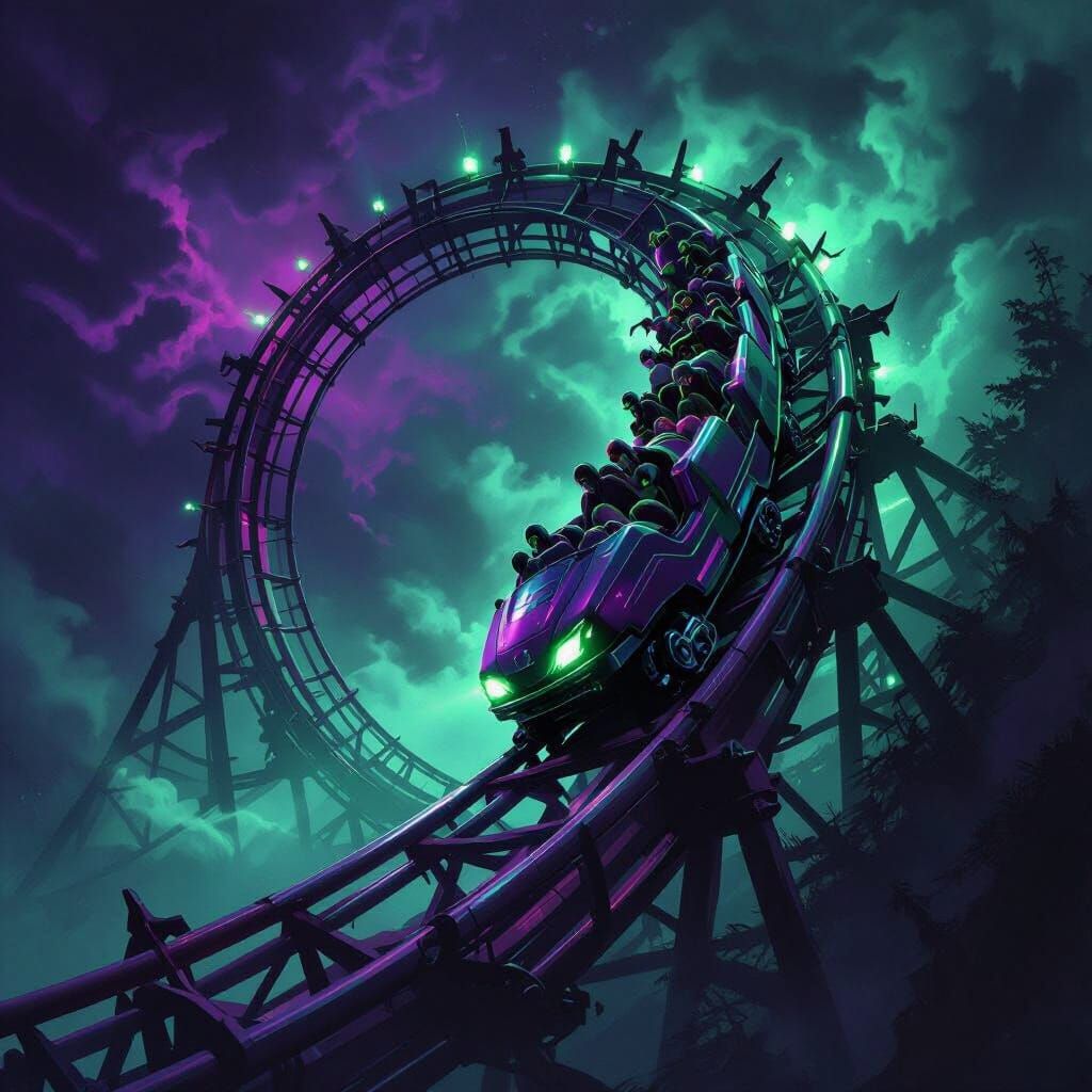 Terrifying Roller Coaster Turning Corner in Gothic Style
