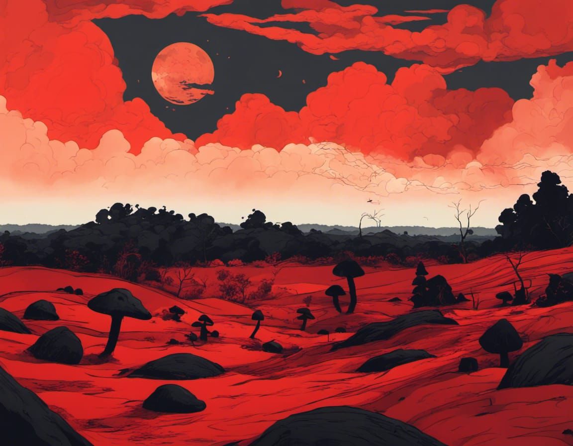 Apocalyptic Landscape with Giant Mushrooms and Red Sun